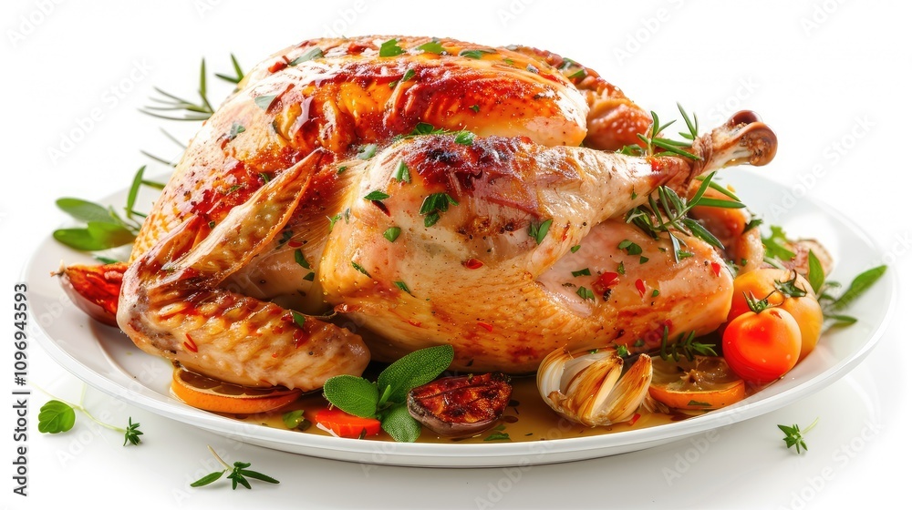 Whole perfectly cooked turkey on a platter, garnished with herbs and vegetables, isolated on white background. Whole perfectly cooked turkey on a platter, garnished with herbs and vegetables, isolated on white background.