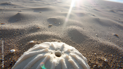 Close up of sea urchin Sand dollar, Cake urchin or Sea Biscuits on sandy bottom in sun glare, Red sea, Egypt photo