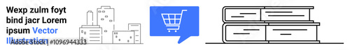 Buildings, shopping cart in blue speech bubble, stack of books. Ideal for online shopping, digital marketing, ecommerce, retail, education, bookstore, urban development. Landing page