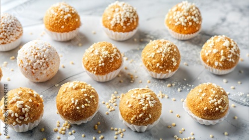 Golden beijinhos with crisp topping on marble surface. photo