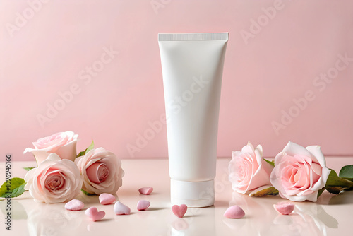 Minimalist mockup featuring a blank white cosmetic tube surrounded by light pink roses and heart-shaped decorations, perfect for Valentine's Day branding or beauty campaigns.