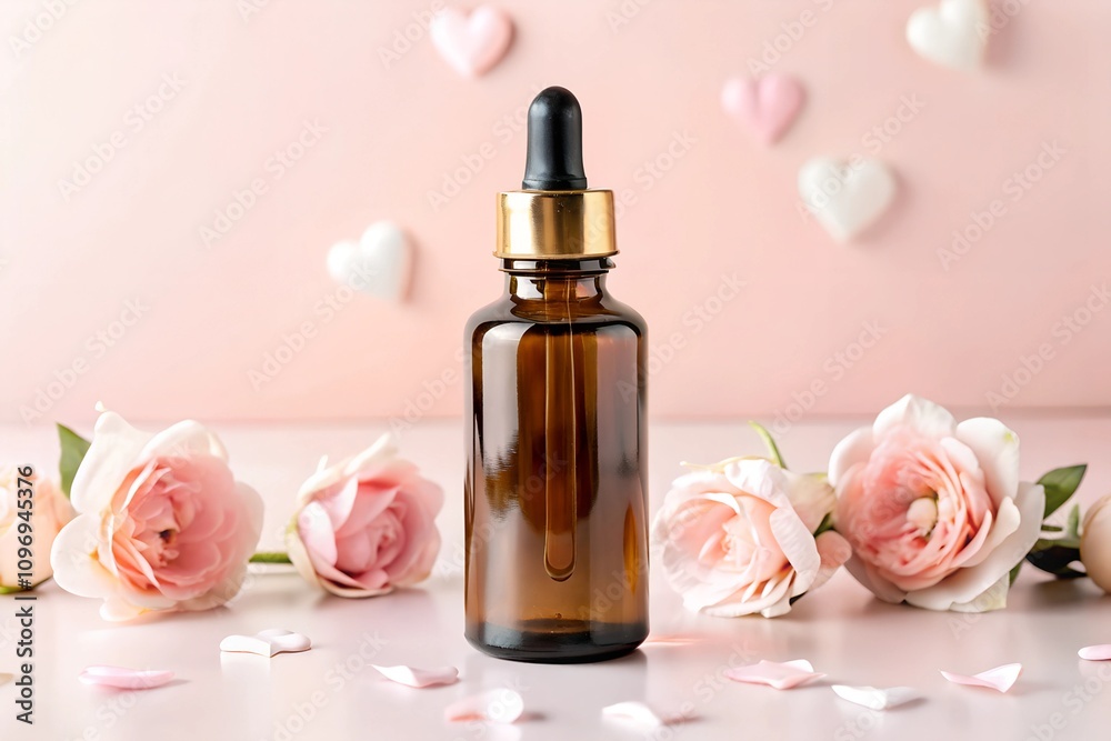 Elegant Valentine's Day mockup with a blank brown dropper bottle, soft pink roses, and heart decorations, perfect for oils, serums, or beauty product branding. Elegant Valentine's Day mockup with a blank brown dropper bottle, soft pink roses, and heart decorations, perfect for oils, serums, or beauty product branding.