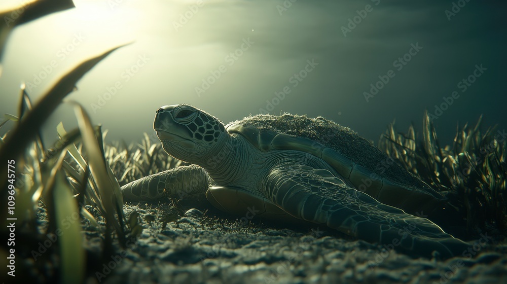 Fototapeta premium Turtle Resting on Seagrass Under Filtered Sunlight