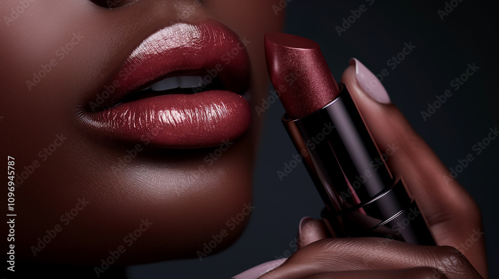 Obraz premium Close-Up of Lush Lips Applying Rose-Tinted Lipstick