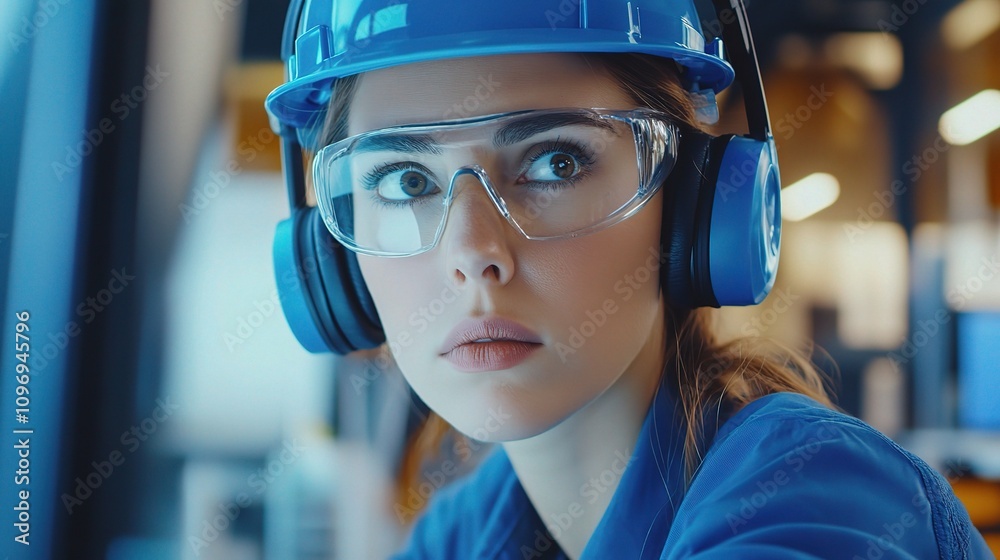 Stylish Female Engineer in Headphones with Safety Gear in Office