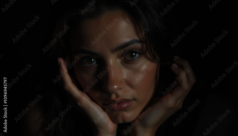 Artistic Close-Up Portrait of a Thoughtful Young Woman with Hands Framing Her Face in Moody Low-Key Lighting and Deep Shadows Artistic Close-Up Portrait of a Thoughtful Young Woman with Hands Framing Her Face in Moody Low-Key Lighting and Deep Shadows