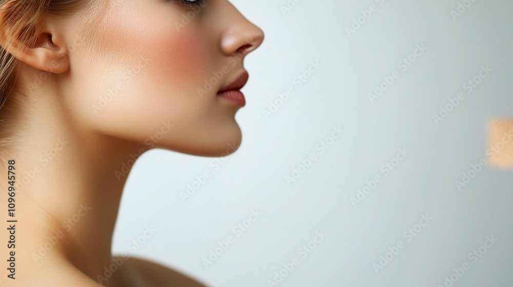Elegant Woman with Exposed Shoulder Posing Gracefully Against Background Elegant Woman with Exposed Shoulder Posing Gracefully Against Background