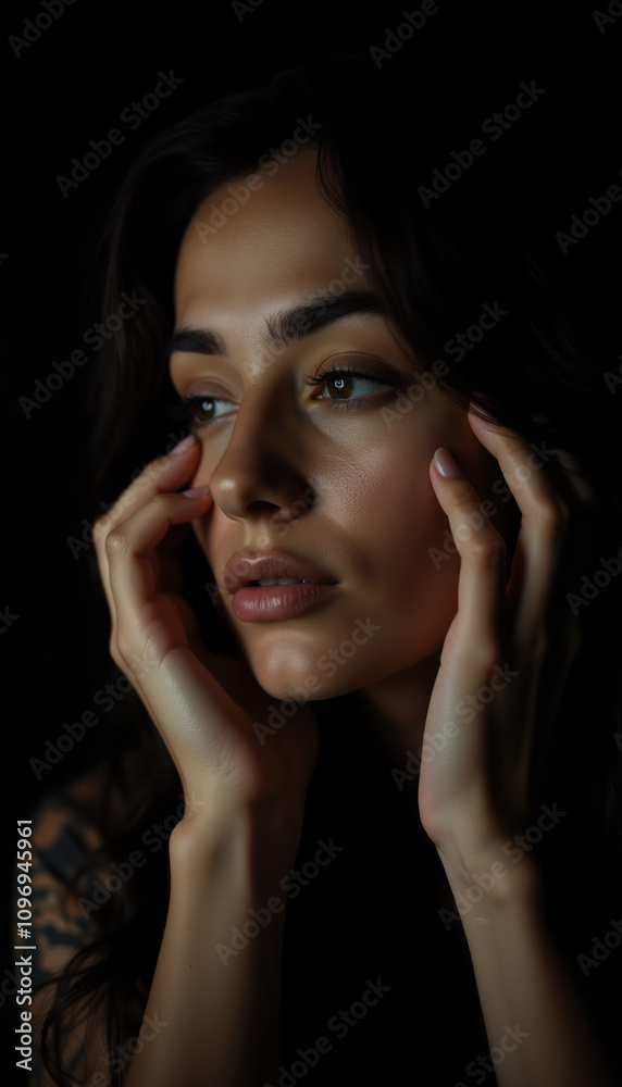 Fototapeta premium Artistic Close-Up Portrait of a Thoughtful Young Woman with Hands Framing Her Face in Moody Low-Key Lighting and Deep Shadows