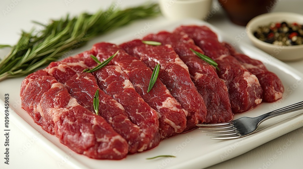 Fresh cuts of meat arranged on a plate with herbs, ready for cooking. Fresh cuts of meat arranged on a plate with herbs, ready for cooking.