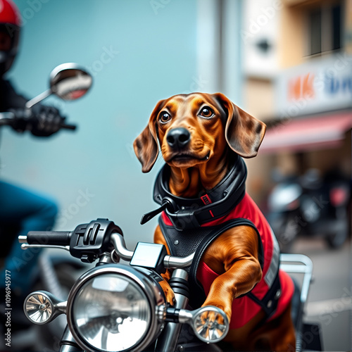 DACHSHUND fofo com uniforme fazendo entregas de moto