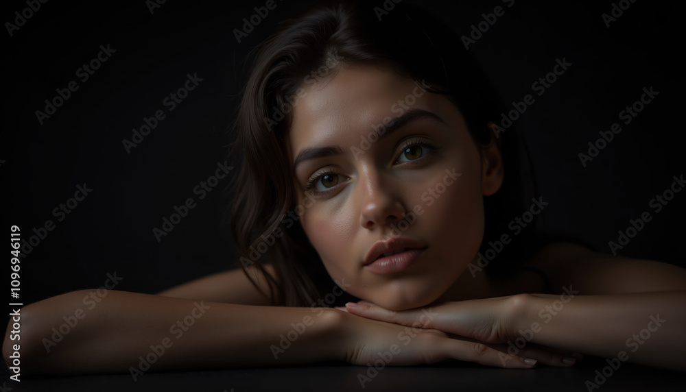 Artistic Close-Up Portrait of a Thoughtful Young Woman with Hands Framing Her Face in Moody Low-Key Lighting and Deep Shadows Artistic Close-Up Portrait of a Thoughtful Young Woman with Hands Framing Her Face in Moody Low-Key Lighting and Deep Shadows