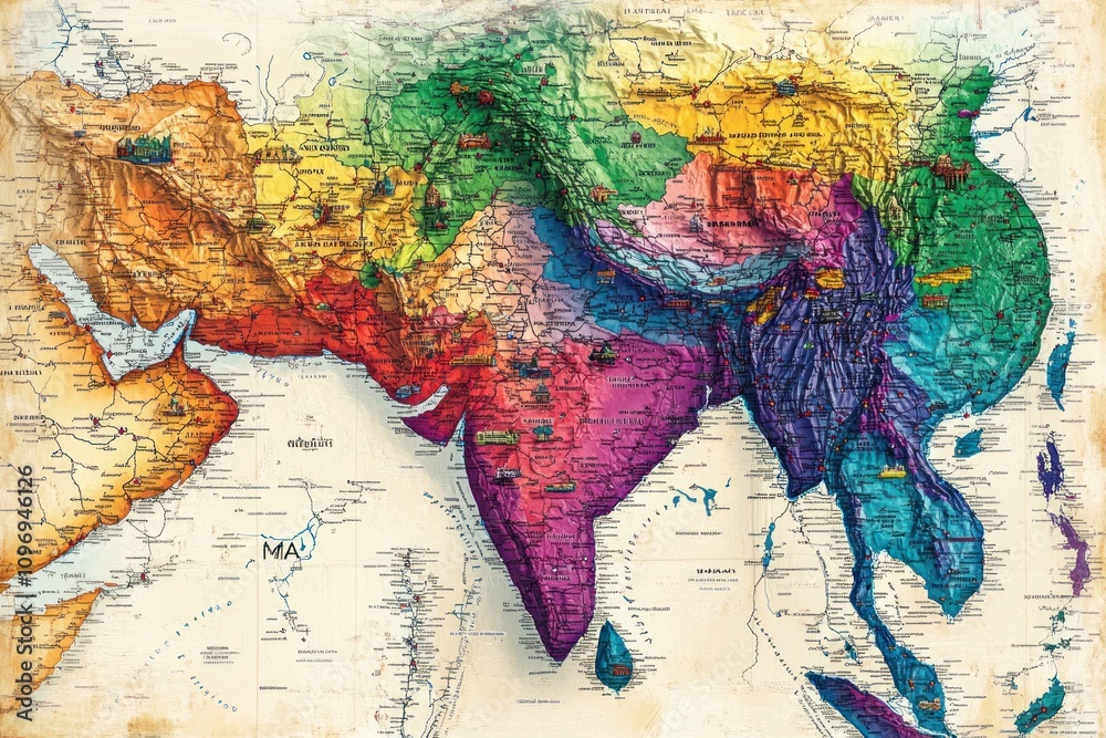 Naklejka premium Artistic Colorful Map Depicting South Asia and Surrounding Regions