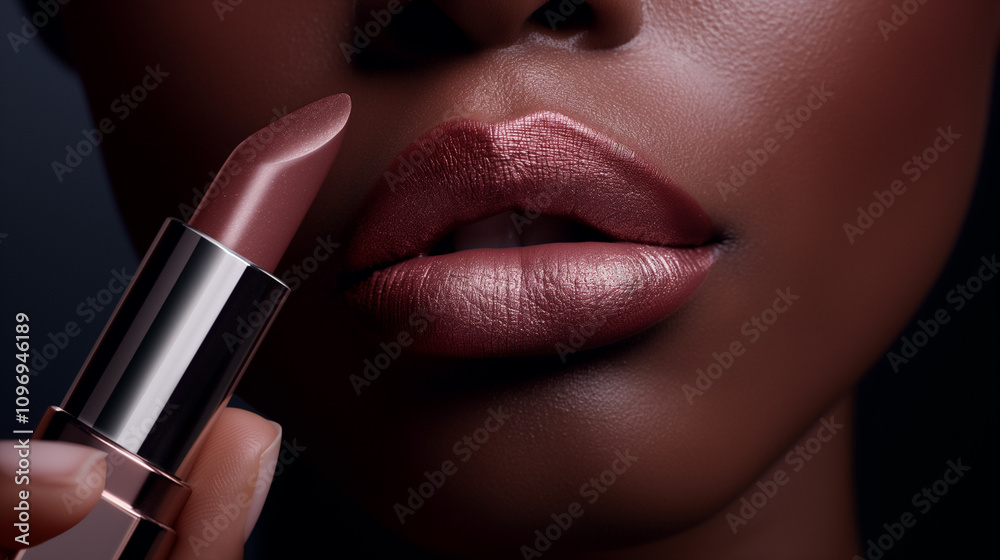 Obraz premium Close-Up of Lush Lips Applying Rose-Tinted Lipstick