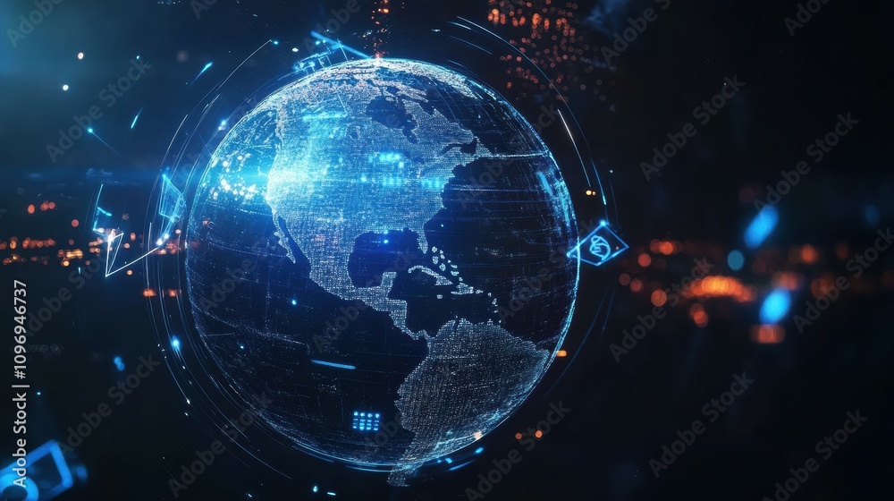 Fototapeta premium Global renewable energy symbols spinning around earth digital animation futuristic viewpoint technology impact