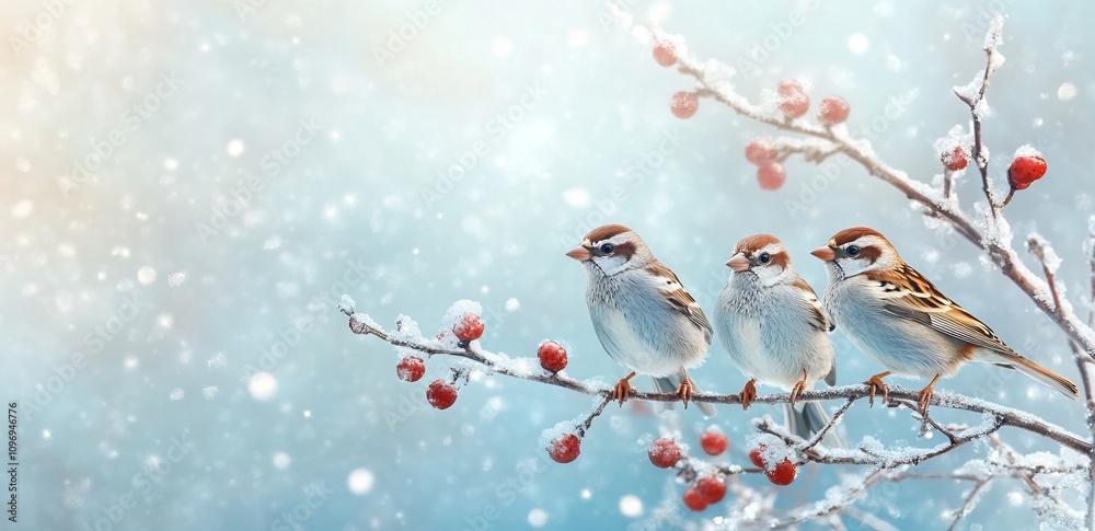 Five Cute Sparrows Sitting on a Branch in Winter. AI generated illustration Five Cute Sparrows Sitting on a Branch in Winter. AI generated illustration