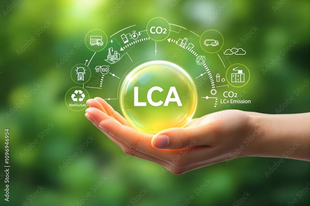 Obraz premium LCA Life Cycle Assessment Concept. A hand holding glowing globe icons symbolizing sustainability, recycling, and environmental impact, highlighting life cycle assessment (LCA) for eco-friendly initiat