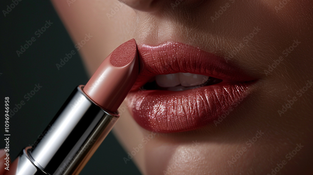 Obraz premium Close-Up of Lush Lips Applying Rose-Tinted Lipstick