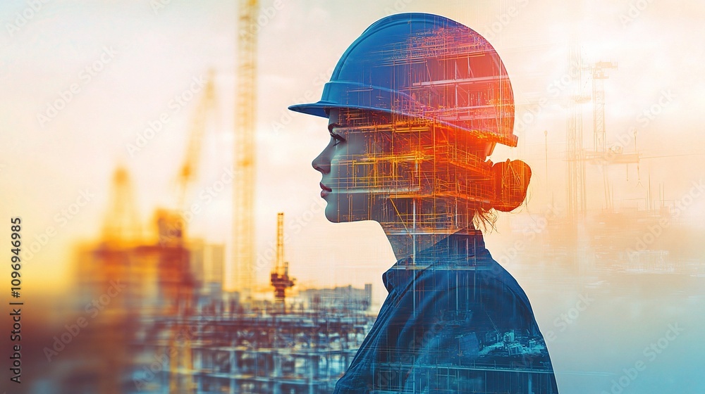 Double Exposure Image of Engineer in Construction Setting with Blue Tone Double Exposure Image of Engineer in Construction Setting with Blue Tone