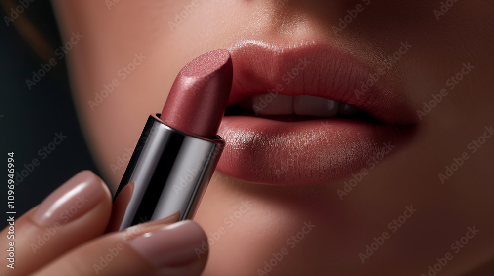 Obraz premium Close-Up of Lush Lips Applying Rose-Tinted Lipstick