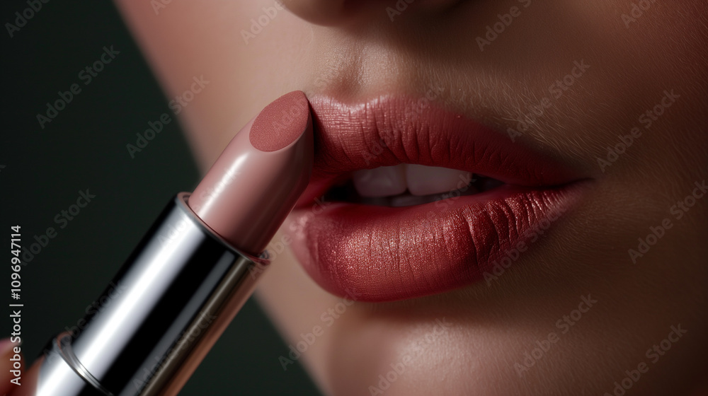 Obraz premium Close-Up of Lush Lips Applying Rose-Tinted Lipstick