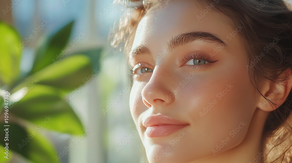 Young Woman with Fresh Skin and Natural Beauty in Soft Lighting Young Woman with Fresh Skin and Natural Beauty in Soft Lighting