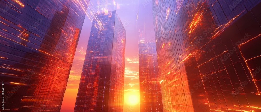 Fototapeta premium Stock market graph overlaying skyscrapers at sunset in urban environment futuristic concept