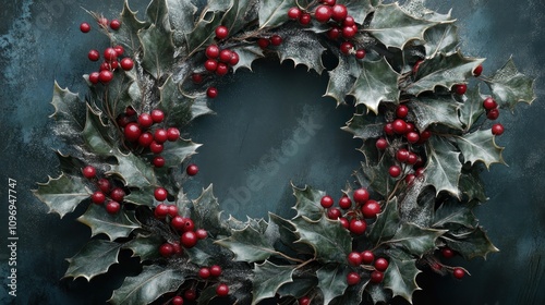 A festive wreath made with holly leaves, red berries, and shimmering silver accents photo