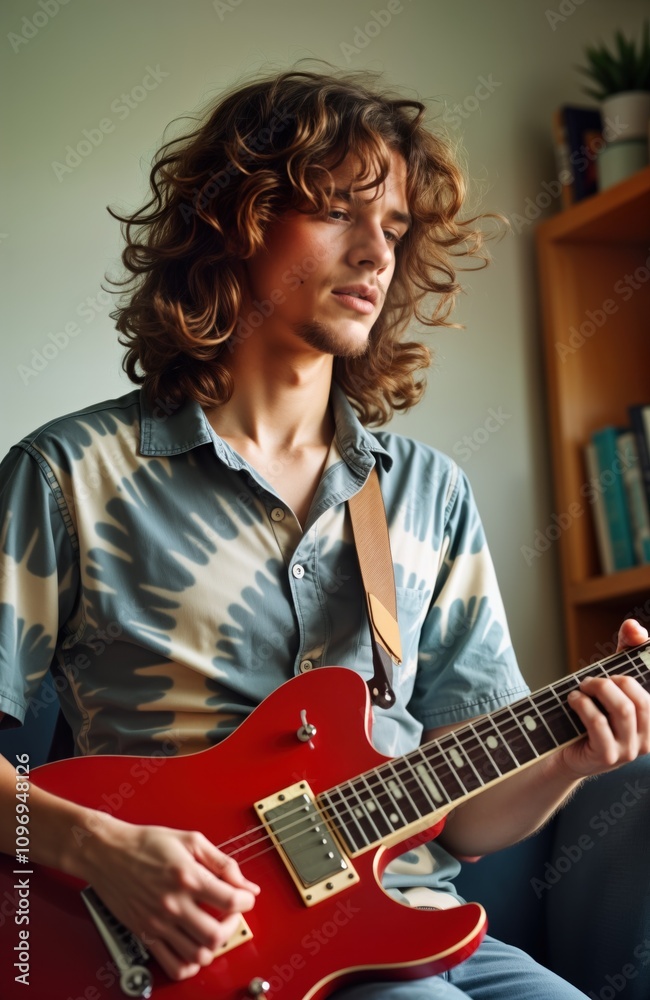 Obraz premium Young man with long hair plays red electric guitar. Indoor home music session. Musician practices instrument. Indie artist creates music. Hipster enjoys leisure time.