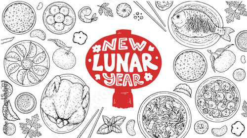 Foods of Chinese Lunar New Year frame. Hand drawn vector illustration. Chinese Food sketch. Holiday menu. Food design template.