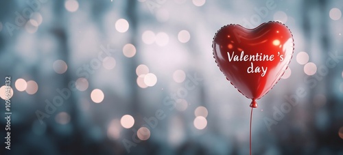 A single bright red heart-shaped balloon floats against a blurred lights background with copy space. The words "Valentine's Day" are on the surface, symbolizing love, feelings and the celebration