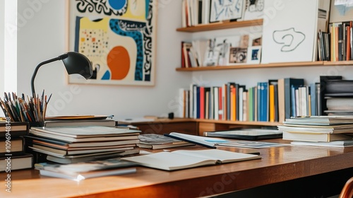 Cozy and Creative Workspace Featuring a Wooden Desk Surrounded by Books, Artwork, and Art Supplies for Inspiring Productivity and Imagination