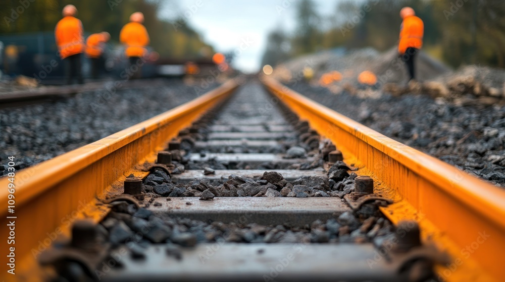 Close up of railroad tracks with workers in the background. Close up of railroad tracks with workers in the background.