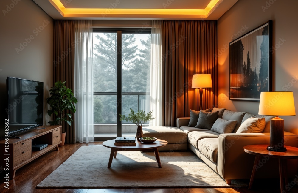 Fototapeta premium Modern apartment living room features comfy beige couch wooden coffee table floor lamps. Large window offers scenic view. Stylish interior design includes TV stand. Relaxing atmosphere ideal for home