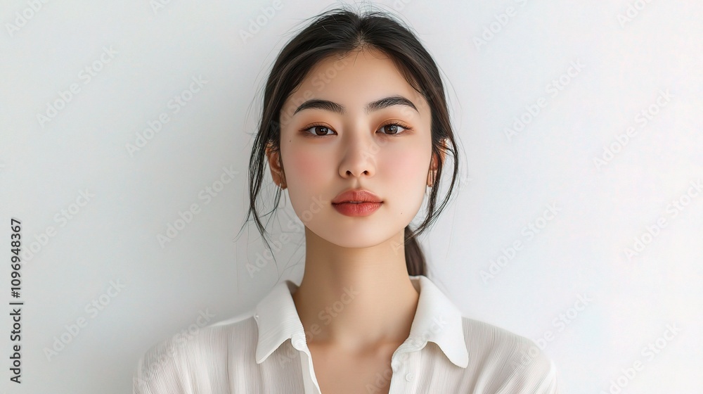 Young Asian Woman with Fresh Skin Posing Against a White Background Young Asian Woman with Fresh Skin Posing Against a White Background