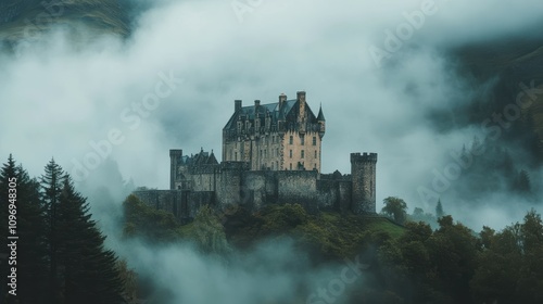 Mysterious medieval castle amidst foggy hills enchanted landscape atmospheric photography