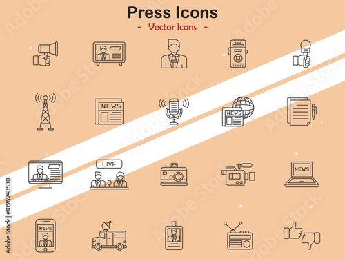 Icons representing media and journalism themes in vector style