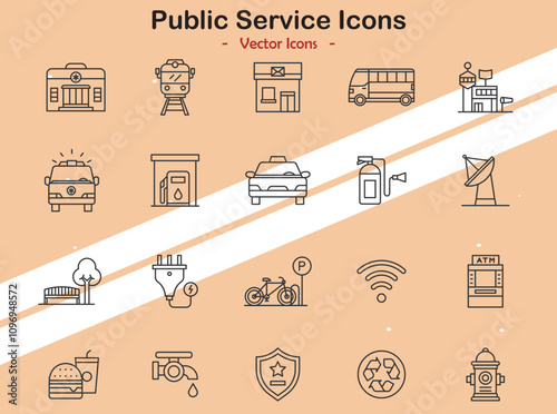 Icons illustrating public service and community themes in vector style