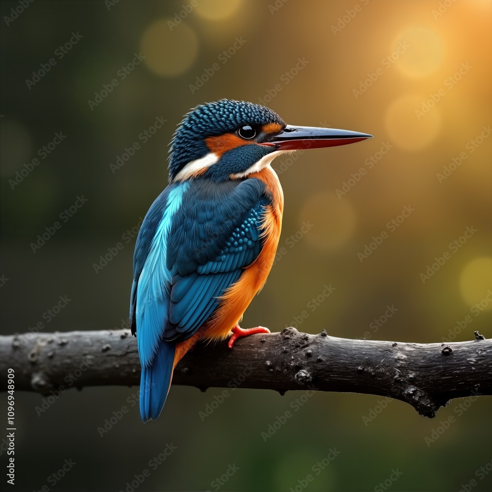 Fototapeta premium Vibrant kingfisher perches branch. Blue bird rests. Wildlife photography. Nature image. Tropical avian. Beautiful plumage. Exotic bird. Animal portrait. Colorful feathers. Bird hunting. Kingfisher