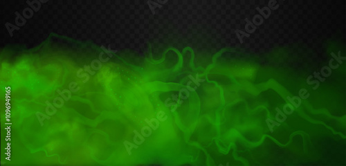 Fantastic green colored clouds with curled and curved smoke waves and rings. Vector realistic vibrant haze isolated on the semi transparent dark background. Beautiful space universe