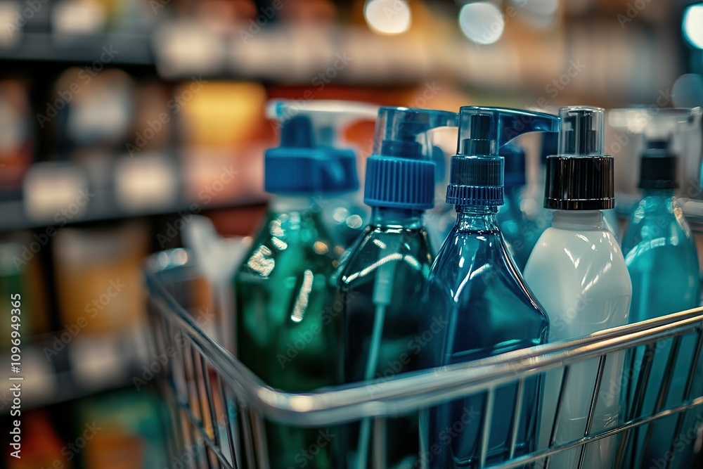 Close-up of blue liquid soap bottles with pump dispensers in a shopping cart, set against a blurred store aisle background