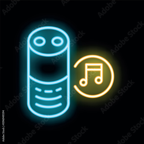 Neon sign representing a smart speaker playing music, great illustration for music streaming services