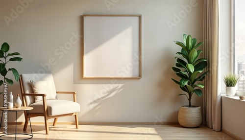 Modern living room interior design features beige armchair wooden frame poster plant pot sunlight. Minimalist contemporary style apartment home decor. Comfortable relaxing space. Bright room.