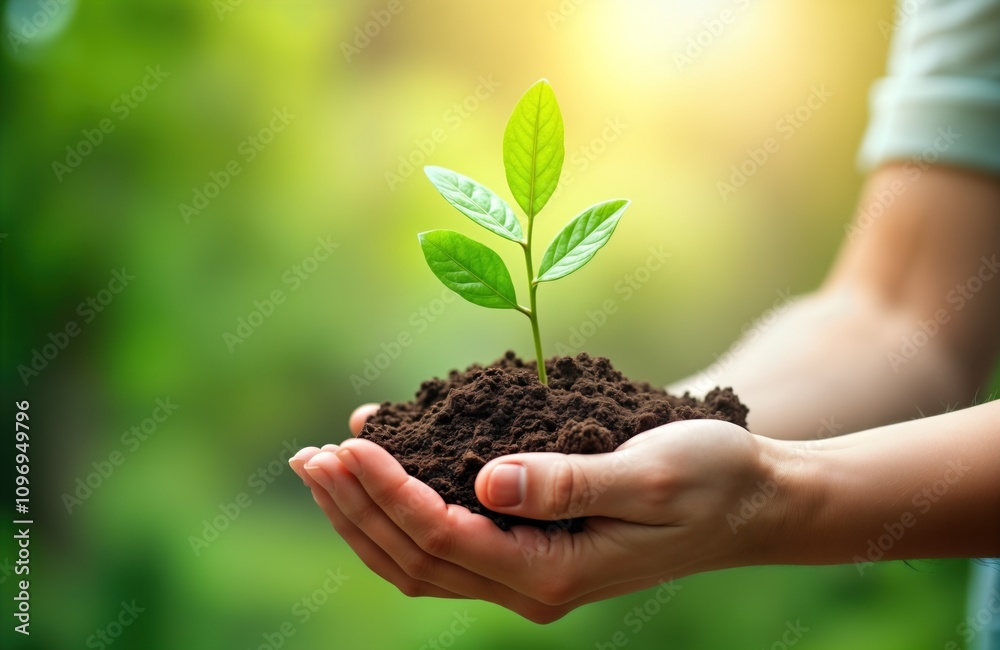 Hands hold small plant seedling soil. Person cares for young tree sprout. Green eco concept. Corporate social responsibility. Sustainable development goals. Earth day image.