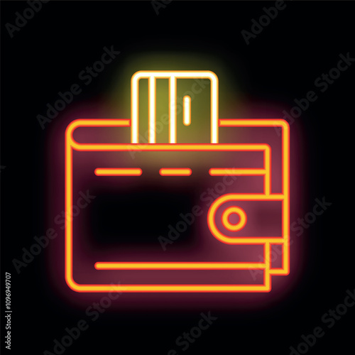 Neon wallet icon with a credit card inside is glowing on a black background