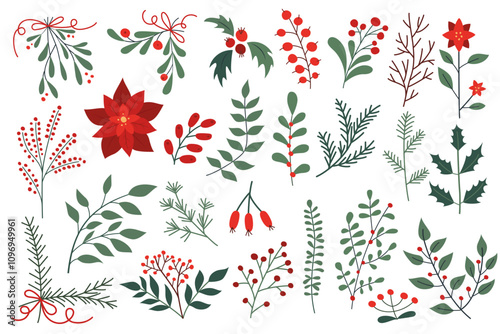 Set of Christmas themed botanical elements with poinsettias, holly, mistletoe, evergreen branches, and red berries