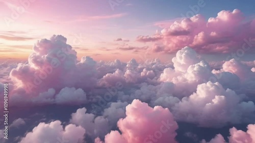 Stunning sunset showcases pink and white clouds filling the sky, creating a breathtaking display of colors. The scene captures the beauty and tranquility of nature at dusk.