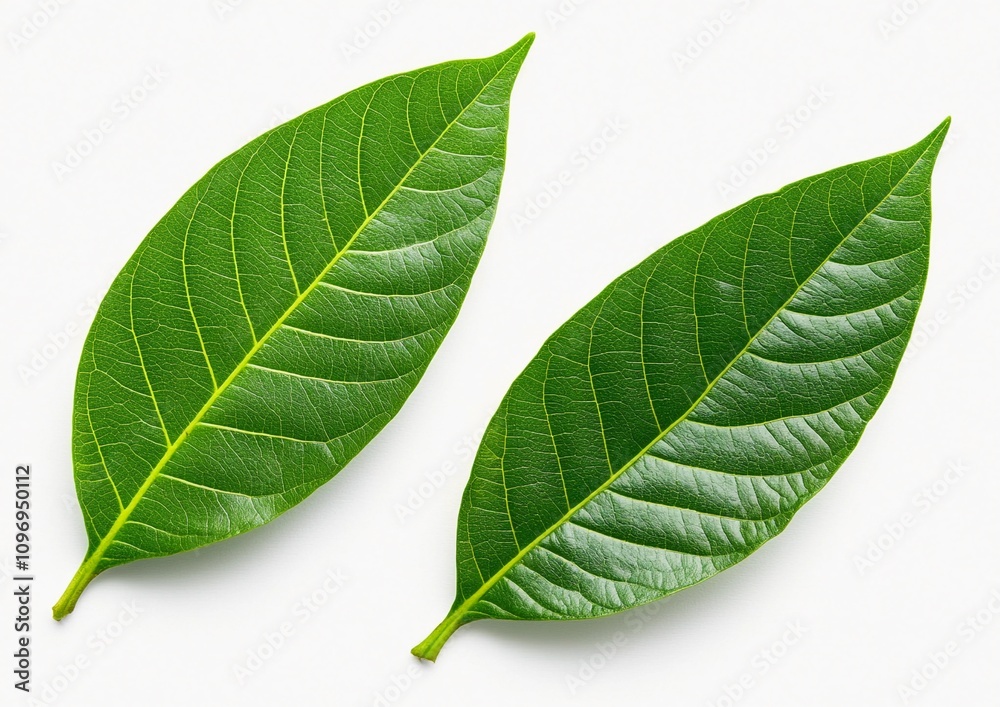 Obraz premium Green Cocoa Leaves on a White Background. Fresh Cocoa Tree Leaves