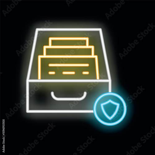 Neon sign depicting an archive drawer with a protective shield, symbolizing data security and protection