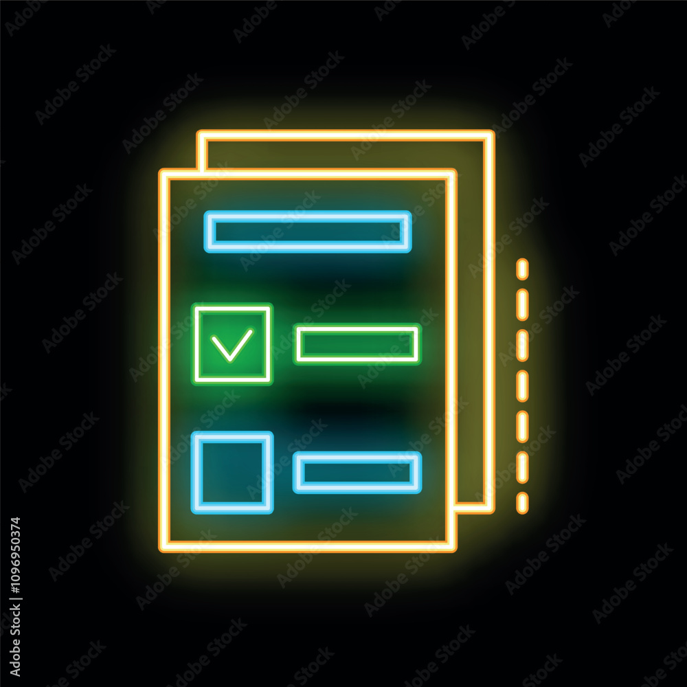 Glowing neon icon depicting documents with a prominent checkmark, symbolizing successful completion of tasks or a positive outcome Glowing neon icon depicting documents with a prominent checkmark, symbolizing successful completion of tasks or a positive outcome