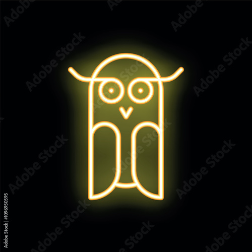 Bright yellow neon sign showing a cute owl with big eyes on a black background